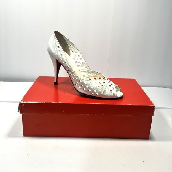 CHARLES JOURDAN PARIS White Perforated Leather Open Toe Women's Heels 7-1/2 - Picture 9 of 11